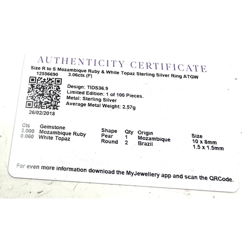 214 - Gemporia Madagascan Ruby Ring with White Topaz in Sterling Silver 3.06cts with c.o.a