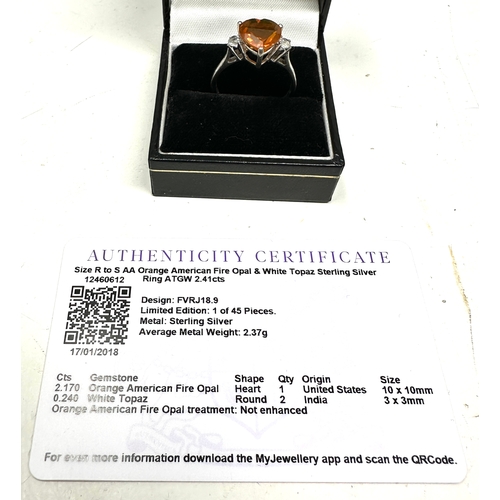 228 - Gemporia Orange American Fire Opal Ring with White Topaz in Sterling Silver 2.41cts with c.o.a