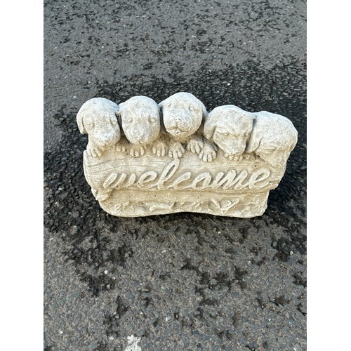 100K - Welcome concrete pups and puppy dog statue, approximate measurements: Height 8 inches, Width 12 inch... 