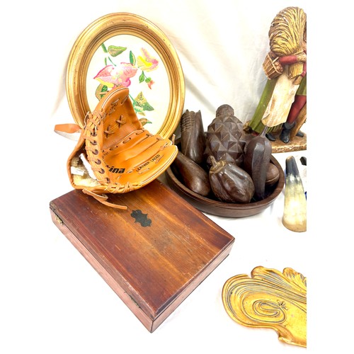 166 - Selection of collectables to include Rolls Royce Razor, wooden fruit bowl with fruit, chalk figure, ... 