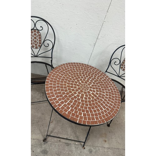 100C - Folding metal mosaic top table and two chairs