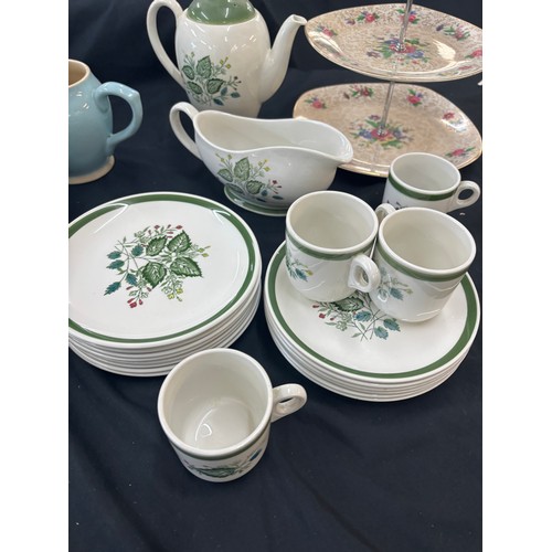 163 - Selection of assorted Pottery includes Midwinter cake stand, Denby three piece set etc