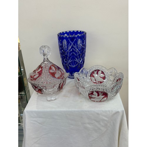 67 - Selection of three vintage glass ware pieces includes lidded jar etc