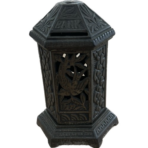 50 - Antique cast iron money box in the form of a post box overall height approximately 6.5 inches tall