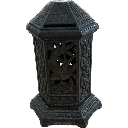 50 - Antique cast iron money box in the form of a post box overall height approximately 6.5 inches tall