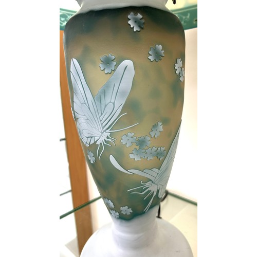 1 - Galle blue / green art glass butterfly table lamp, Relief Galle mark on dome shade, Height 21.5 inch... 