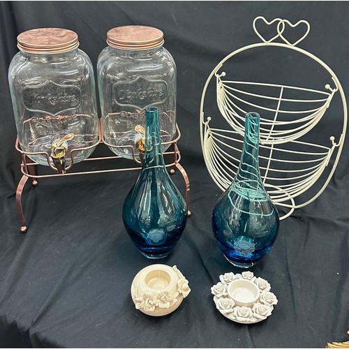 109 - Selection of homeware items to include a rose gold drinks dispenser, pair of blue coloured vases and... 