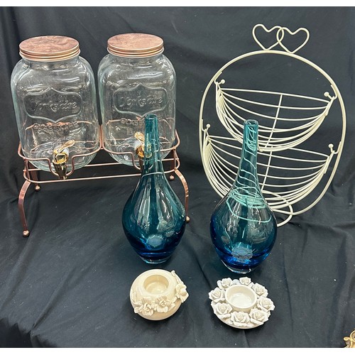 109 - Selection of homeware items to include a rose gold drinks dispenser, pair of blue coloured vases and... 