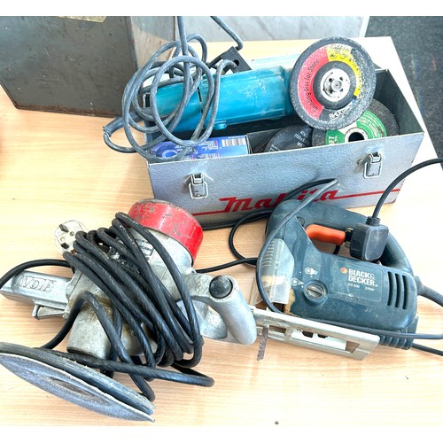 115 - Selection of tools, Bosh grinder, Black and Decker jigsaw, Wolf circular sander, all untested