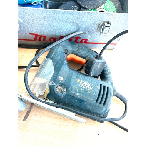 115 - Selection of tools, Bosh grinder, Black and Decker jigsaw, Wolf circular sander, all untested