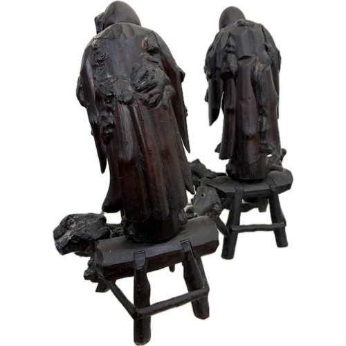 33 - Pair Oriental carved wooden figure height 17.5 inches tall