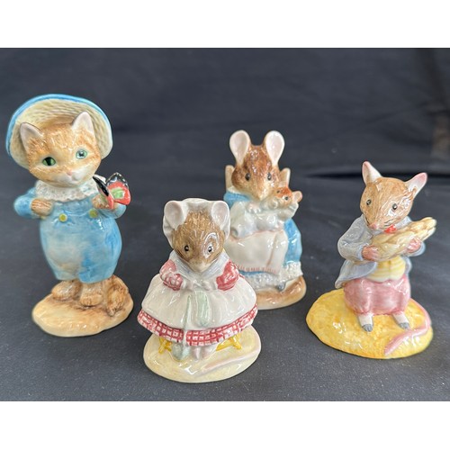 87 - Four vintage Beatrix Potter figures to include ' Hunca Munca and Baby', ' The Old Woman who lived in... 