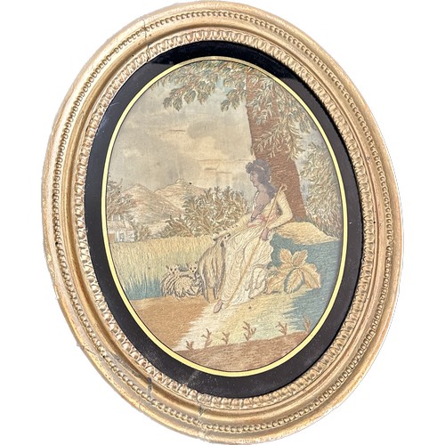 14 - Oval gilt framed embroidery on silk measures approximately 16 inches x 13 inches