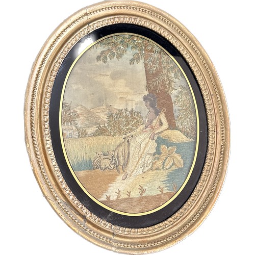 14 - Oval gilt framed embroidery on silk measures approximately 16 inches x 13 inches