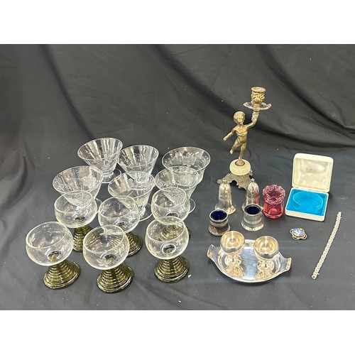 195 - Selection of vintage drinking glasses with coloured stem, EPNS pieces, cranberry jar, ladies costume... 