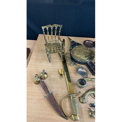 163 - Selection of vintage brass and copper ware to include warming pans, kettles, brass ladies