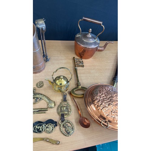 163 - Selection of vintage brass and copper ware to include warming pans, kettles, brass ladies