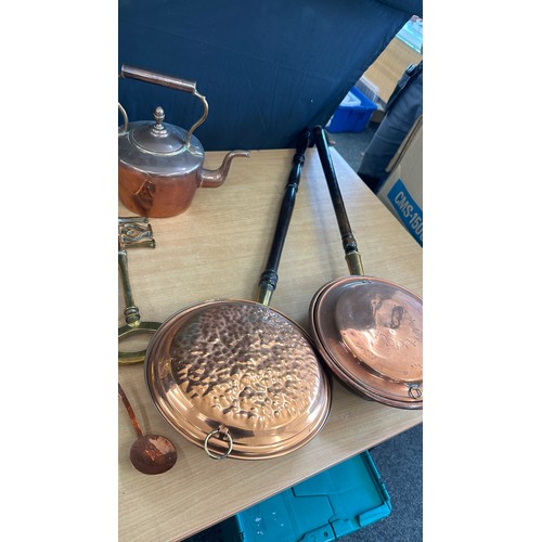 163 - Selection of vintage brass and copper ware to include warming pans, kettles, brass ladies