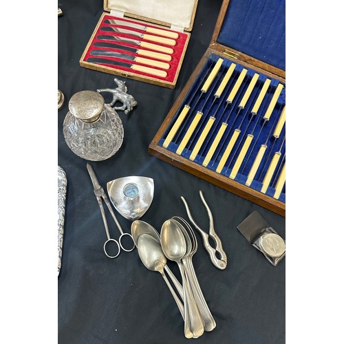 166 - Large selection of vintage and later metal ware includes silver topped jar etc