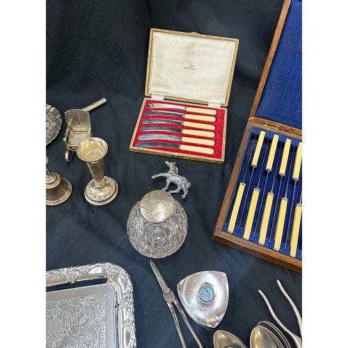 166 - Large selection of vintage and later metal ware includes silver topped jar etc