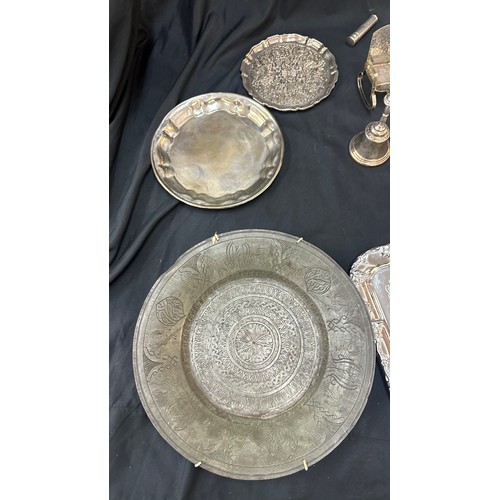 166 - Large selection of vintage and later metal ware includes silver topped jar etc