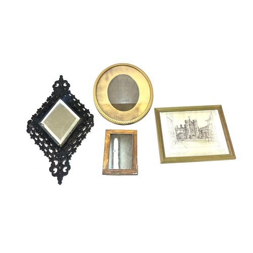 211 - Selection of assorted framed includes Tramp art framed mirror measures approximately 12 inches tall