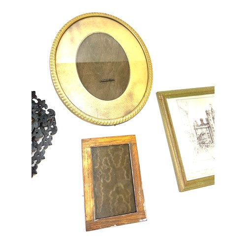 211 - Selection of assorted framed includes Tramp art framed mirror measures approximately 12 inches tall