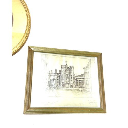 211 - Selection of assorted framed includes Tramp art framed mirror measures approximately 12 inches tall