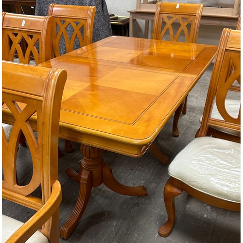 290 - Extending modern inlaid twin pedastool table and six chairs, table measures without leaf  62 inches ... 