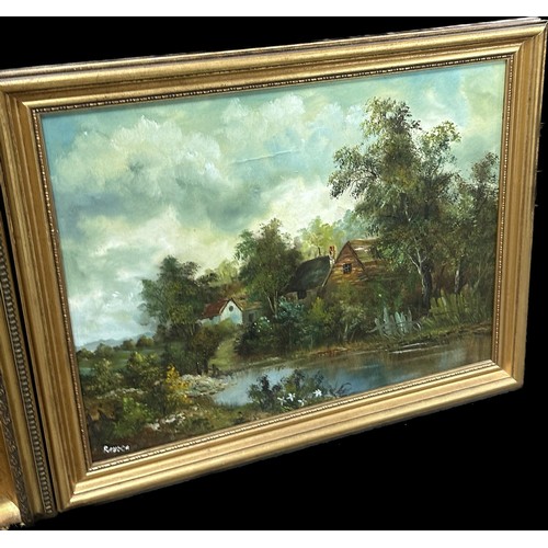 298 - Three gilt framed paintings two oil on boards, largest measures approximately 27 inches tall x 22.5 ... 