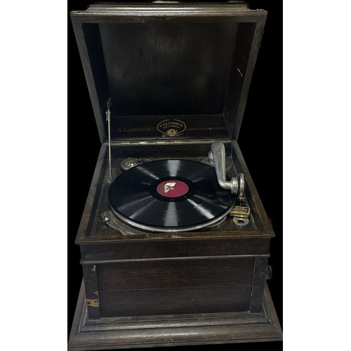 266 - Antique oak cased Columbia gramophone, untested