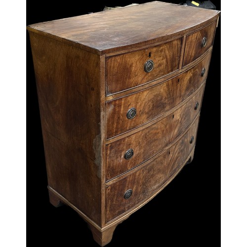 261 - Antique two over three flamed magohany bow fronted chest measures approximately 40 inches tall x 36 ... 