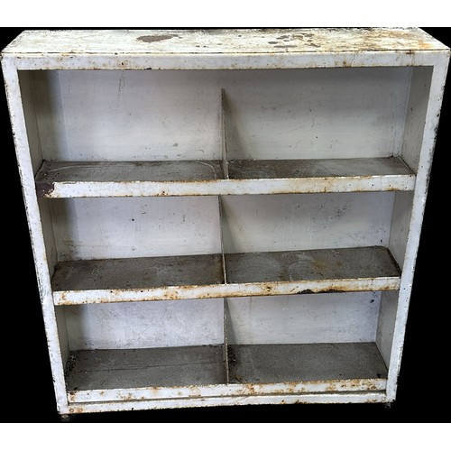260 - Metal industrial book case on wheels measures approximately 34 inches tall x 30 wide and 8 deep