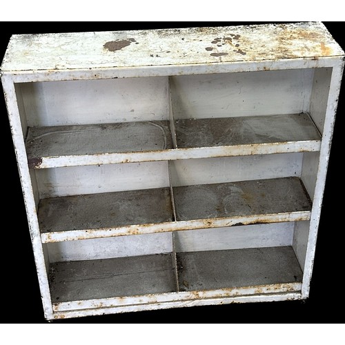 260 - Metal industrial book case on wheels measures approximately 34 inches tall x 30 wide and 8 deep