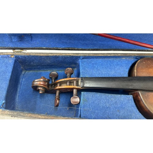 225 - Antique violin with bow, bow marked Berni