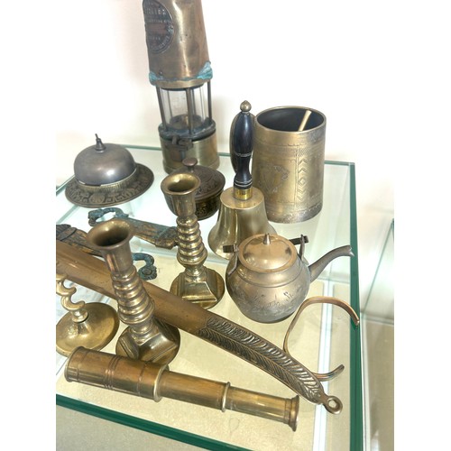 176 - Selection of assorted metal ware includes Miners lamp, candle sicks etc