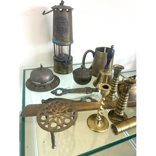 176 - Selection of assorted metal ware includes Miners lamp, candle sicks etc