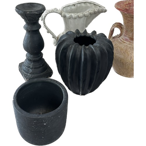 185 - Selection of assorted large decorative pieces to include vases, jug, two matching black plant pots e... 