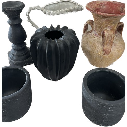 185 - Selection of assorted large decorative pieces to include vases, jug, two matching black plant pots e... 