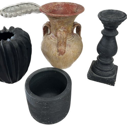 185 - Selection of assorted large decorative pieces to include vases, jug, two matching black plant pots e... 