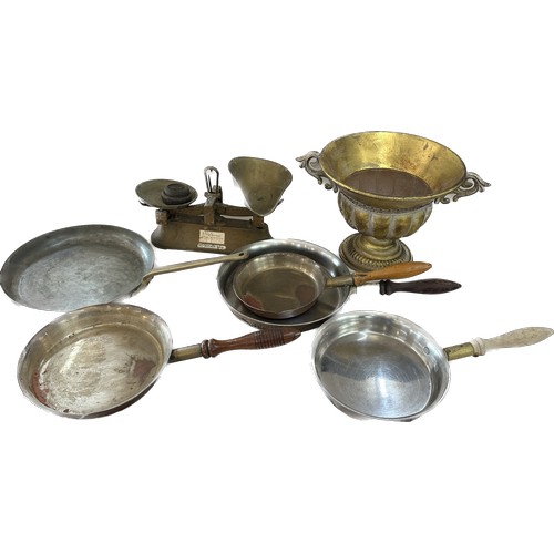 142 - Selection of vintage metalware to include cookings pans, scales, etc