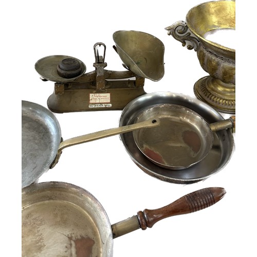 142 - Selection of vintage metalware to include cookings pans, scales, etc