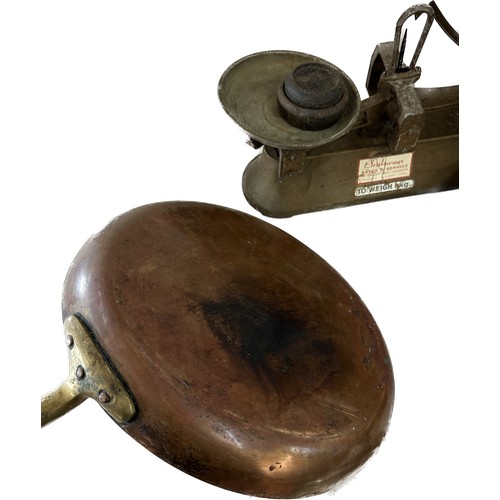 142 - Selection of vintage metalware to include cookings pans, scales, etc
