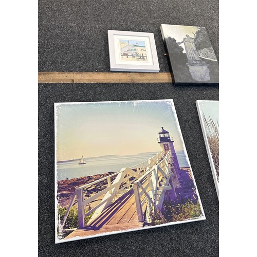 121 - Selection of three canvas art work depicting sandy beach scenes etc and one picture largest measures... 