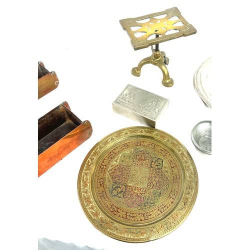 131 - Selection of brass and plated ware to include trays, bell etc