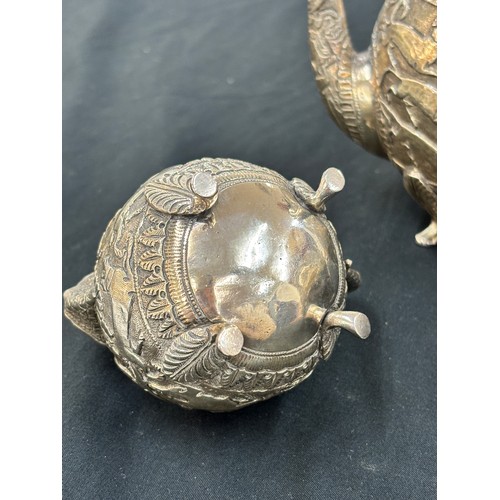 302 - Fine Thai 800 grade silver three piece tea service, no marks, consists of a tea Pot, lidded sugar po... 