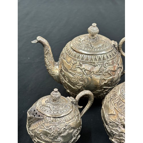 302 - Fine Thai 800 grade silver three piece tea service, no marks, consists of a tea Pot, lidded sugar po... 