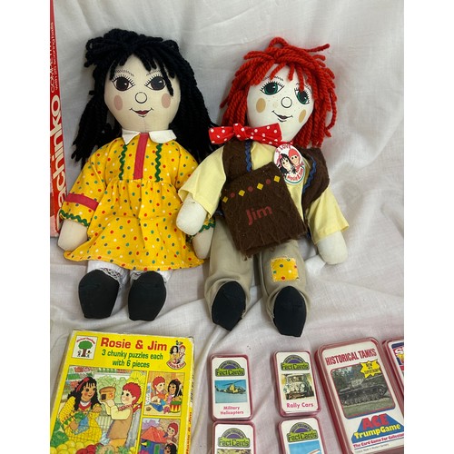 144 - Selection of vintage toys and games to include Rosie and Jim dolls, jigsaw puzzles and videos, along... 