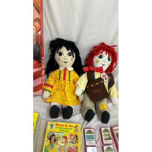 144 - Selection of vintage toys and games to include Rosie and Jim dolls, jigsaw puzzles and videos, along... 