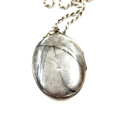 324 - Silver 925 ladies chain and large photo locket, overall weight 72.7g, pendant measures approximately... 